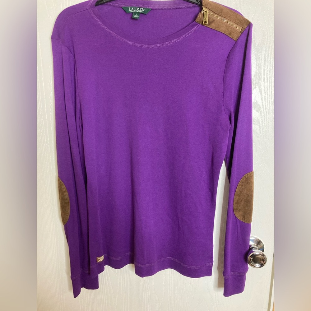 Ralph Lauren Purple Brown Suede Elbow Patch Long Sleeve Shirt Equestrian L